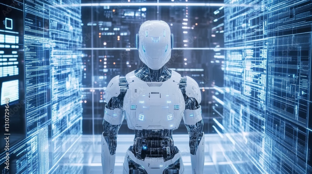 Aufkleber futuristic humanoid robot in a digital environment with glowing interface