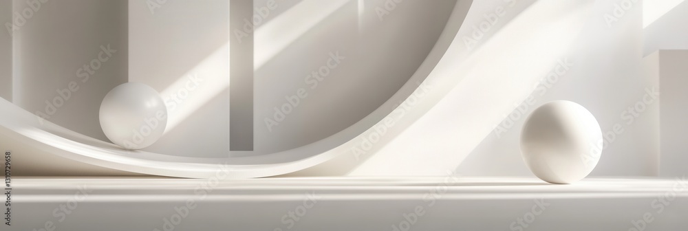 Fototapete Futuristic design of minimalist floating 3D shapes with soft shadows and elegant light reflections in a serene white setting