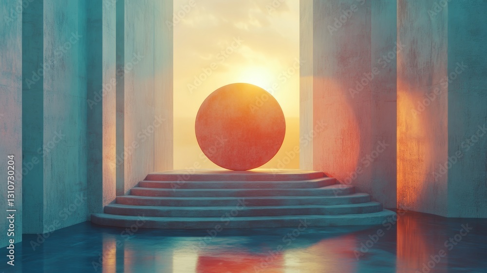 Poster a spherical object suspended in a surreal architectural space