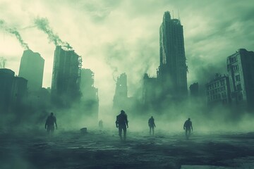 Post-apocalyptic Cityscape with Silhouetted Figures in Fog