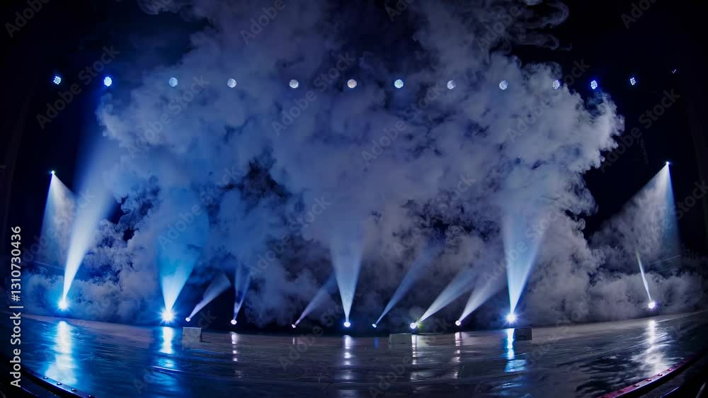 Poster wide-angle shot of a stage with colorful spotlights and fog, creating a dramatic and dynamic atmosph