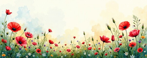 Watercolor painting of a field of wildflowers, flowers, wildflowers, painting