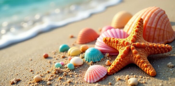 Colorful seashells with a starfish on sandy beach, sand, beach, patterns
