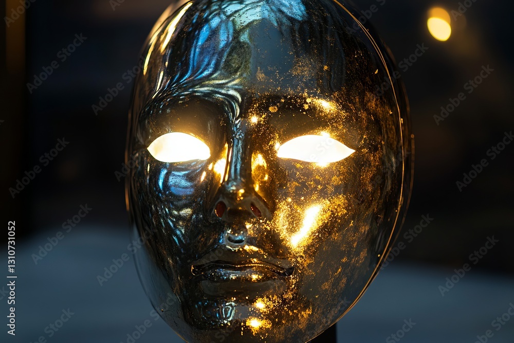 Poster golden face mask displayed in artistic setting with reflective surface