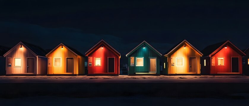 Cozy wooden cabins or cottages illuminated at night in a remote snowy forest or mountain landscape  Serene