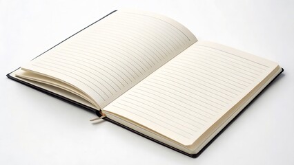 Open Notebook with Blank Pages on a White Background, Minimalistic Stationery Stock Image perfect for stationery branding, productivity-themed content, and creative journaling promotions.