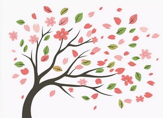 Obraz premium Cherry blossom tree branch with falling petals on a white background, vector illustration. Flat design, simple style, with cute elements, simple lines, and simple shapes. Featuring pink and green ton