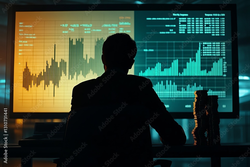 Poster a man is sitting in front of a computer monitor with a lot of numbers