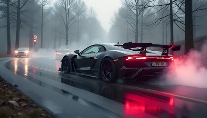 Fototapeta premium Sleek Sports Car on a Wet Mountain Road with Neon Reflections