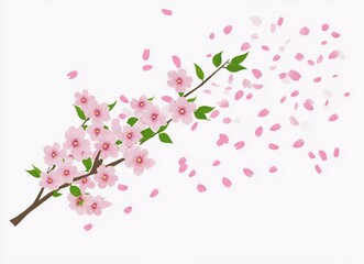 Fototapeta premium Cherry blossom tree branch with falling petals on a white background, vector illustration. Flat design, simple style, with cute elements, simple lines, and simple shapes. Featuring pink and green ton
