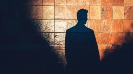A man's silhouette is cast on a brick wall