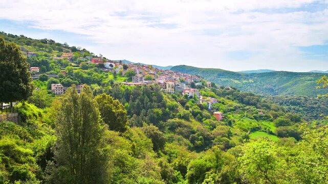 Seulo, Sardinia small mountain village of Seulu at sunrise in Italy, beautiful scenic landscape of longevity blue zone countryside rural town