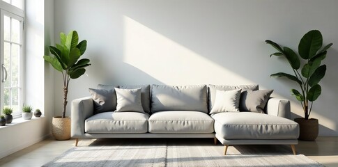 Contemporary gray sofa in minimalist living room with natural light, living room, modern