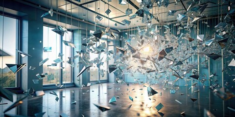Shattered Glass Installation in Modern Interior Space Featuring Geometric Fragments Suspended from the Ceiling, Creating a Dramatic and Abstract Composition