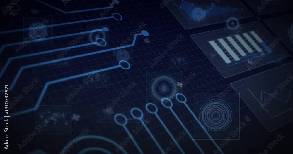 Poster designing circuit board with digital interface and animation for technology elements