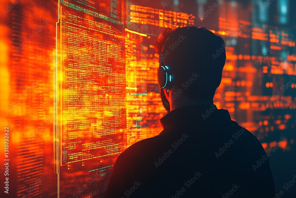 Poster person analyzing data in front of visualized digital interface