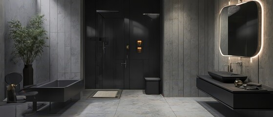 Modern minimalist bathrooms with clean lines, soft natural light, and sleek vanities in oak, marble, and metal finishes. Elegant, serene, Scandinavian-inspired luxury.