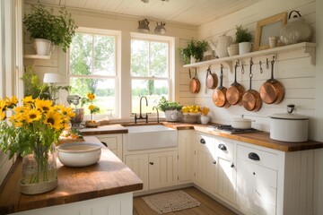 A quaint farmhouse kitchen with antique copper pots hanging above a wooden counter, evoking a sense of rural charm