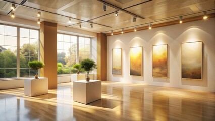Fototapeta premium Serene Gallery Interior with Sunlight Streaming Through Large Windows and Abstract Artwork Displayed on Pristine Walls