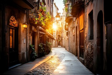 Fototapeta premium A quiet moment in the Gothic Quarter, with narrow cobblestone streets, ancient buildings, and sunlight streaming through a small square
