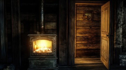 Cozy cabin wood stove interior; warm fire glows
