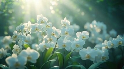 Naklejka na ściany i meble Sunlit White Orchids in a Greenhouse