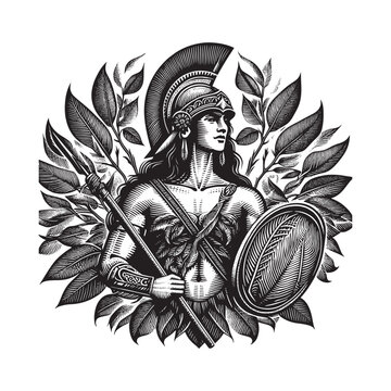 Ancient Amazon Warrior in Intricate Woodcut Style amidst Botanic