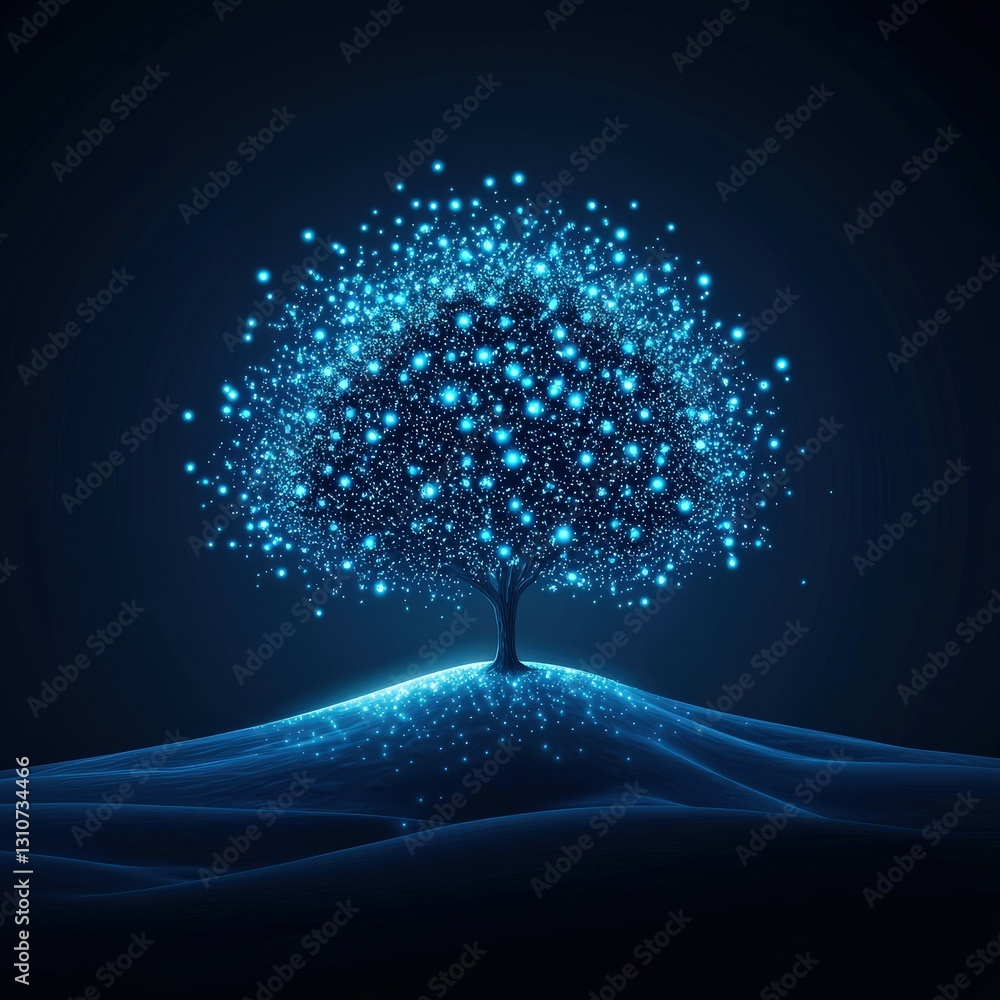 Poster a tree covered in led lights symbolizing tech and nature harmony