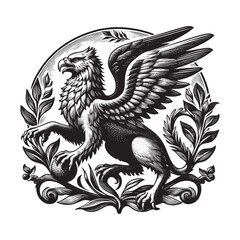 Fototapeta premium Classic woodcut illustration of a griffin with botanical element