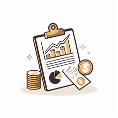 Business analytics report with graphs and coins on clipboard
