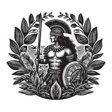 Ancient Amazon warrior illustration in traditional woodcut style