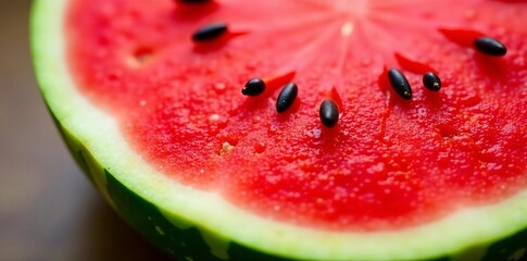 Close-up view of juicy watermelon flesh with seeds, vibrant red color, organic, summer, refreshing