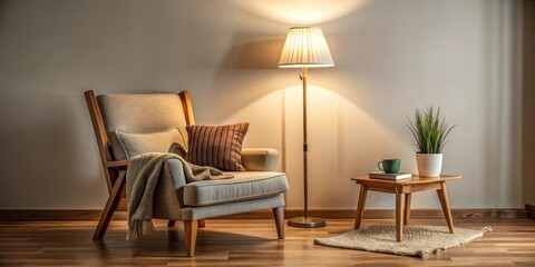 Cozy reading nook with a floor lamp and a comfortable armchair, wooden furniture, cozy atmosphere