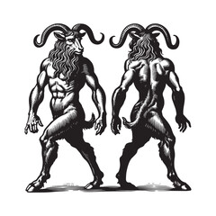 Fototapeta premium Detailed Woodcut Illustration Featuring Two Posing Satyrs on Iso