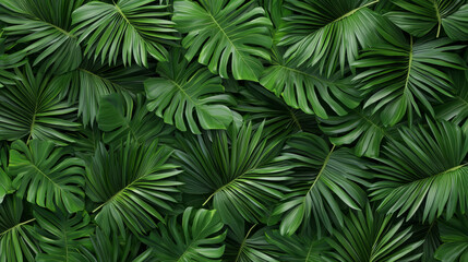 Lush green palm leaves create vibrant tropical pattern, evoking sense of calm