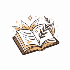 Open book with leaves and sparkles, the concept of outdoor reading, the reading lovers club, eco-friendly book production