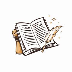 Decorative book with feather quill and shining stars, a book of reviews and suggestions, the concept of writing a review, a visit log, poetry readings