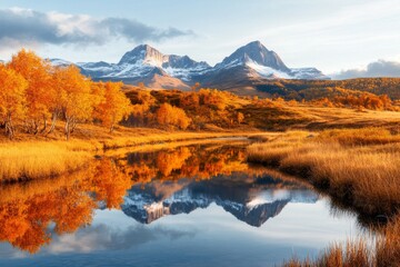 Fototapeta premium A scenic mountain landscape in autumn, with golden leaves blanketing the hills and a clear river running through