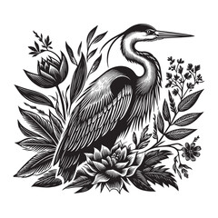 Elegant heron illustration in a detailed woodcut style with flor