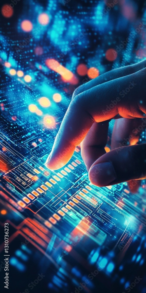 Poster futuristic digital interface interaction with a hand touching an abstract neon display
