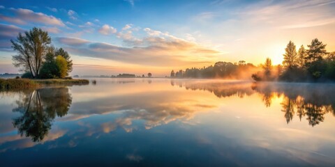 Fototapeta premium A serene lake at dawn with mist rising from the water, serene, reflection, serene