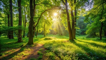 Obraz premium Lush greenery in a serene outdoor setting with sunlight filtering through leafy branches and casting dappled shadows on the forest floor , atmosphere, scenery