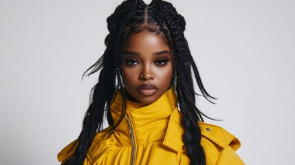Confident Black Woman in Yellow Jacket  Braids  Portrait