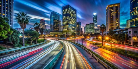 Fototapeta premium Night Driving Los Angeles Freeway Timelapse, City Lights Reflected on Car Hood