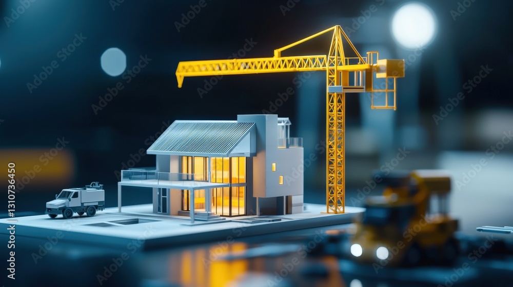 Poster 3d printed architecture, a robotic arm creating a house layer by layer