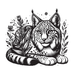 Fototapeta premium Elegant portrayal of a lynx with floral accents in monochrome wo