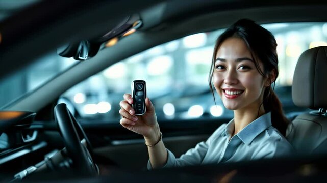 Asian woman in car holding central lock remote control key, smiling confidently