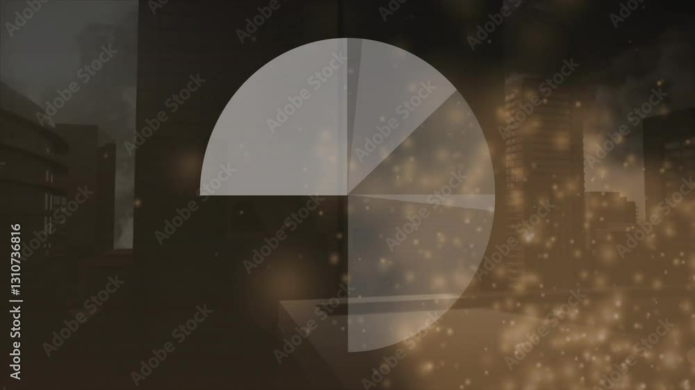 Poster pie chart animation over cityscape with glowing particles in foreground