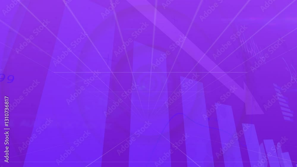 Poster animation of geometric lines and arrow over bar graph on purple background
