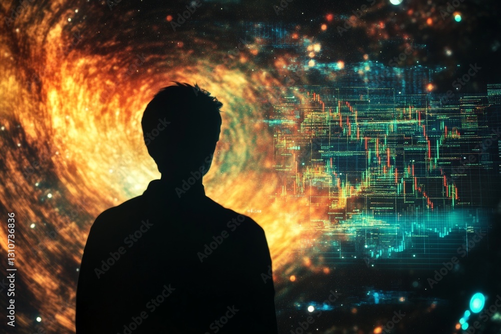 Wall mural a man is standing in front of a spiral galaxy with a city in the background